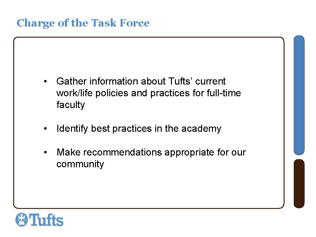 Charge of the Task Force • Gather information about Tufts’ current work/life policies and