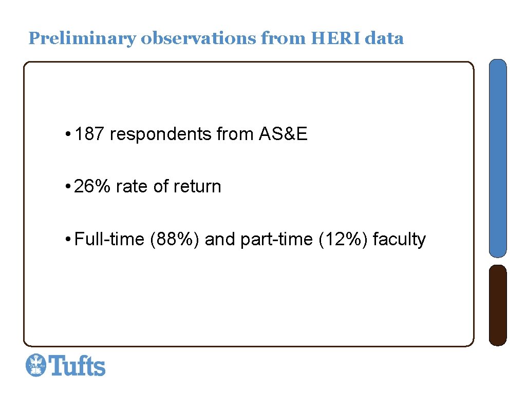 Preliminary observations from HERI data • 187 respondents from AS&E • 26% rate of