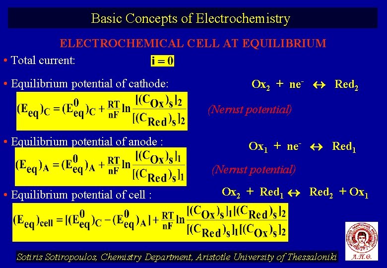 Basic Concepts of Electrochemistry ELECTROCHEMICAL CELL AT EQUILIBRIUM • Total current: • Equilibrium potential