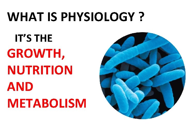 WHAT IS PHYSIOLOGY ? IT’S THE GROWTH, NUTRITION AND METABOLISM 