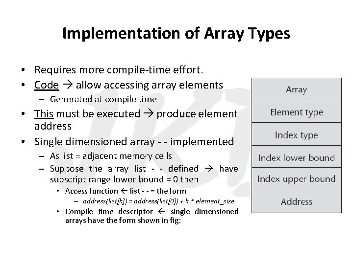 Implementation of Array Types • Requires more compile-time effort. • Code allow accessing array