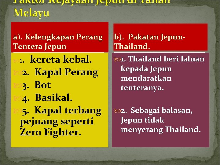 Faktor Kejayaan Jepun di Tanah Melayu a). Kelengkapan Perang Tentera Jepun b). Pakatan Jepun.