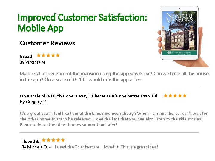 Improved Customer Satisfaction: Mobile App Customer Reviews Great! By Virginia M My overall experience
