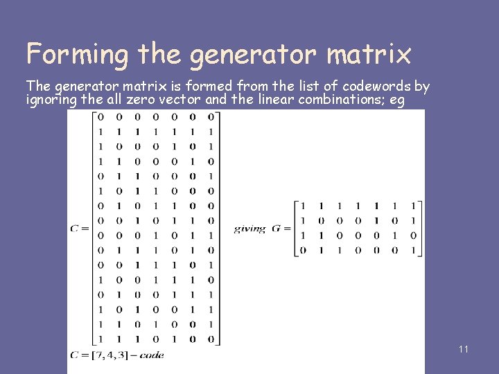 Forming the generator matrix The generator matrix is formed from the list of codewords Forming the generator matrix The generator matrix is formed from the list of codewords