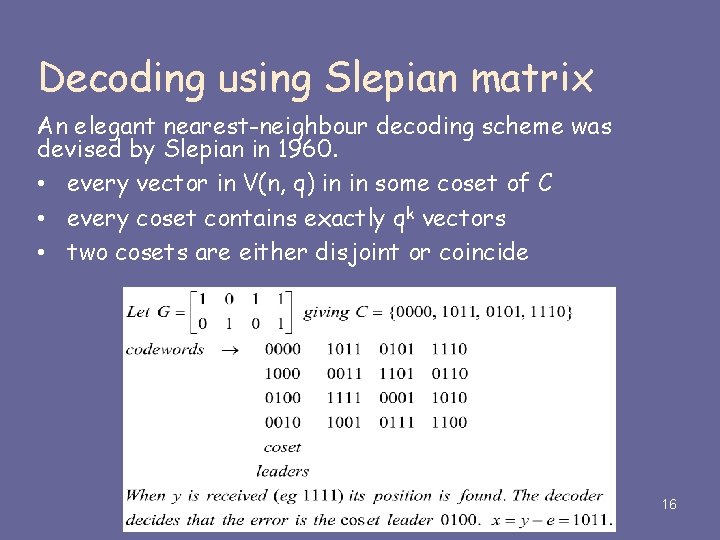 Decoding using Slepian matrix An elegant nearest-neighbour decoding scheme was devised by Slepian in Decoding using Slepian matrix An elegant nearest-neighbour decoding scheme was devised by Slepian in