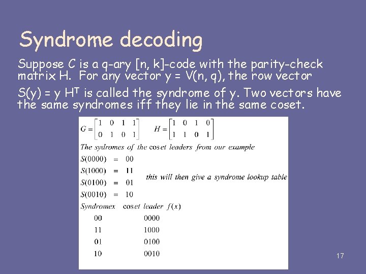 Syndrome decoding Suppose C is a q-ary [n, k]-code with the parity-check matrix H.