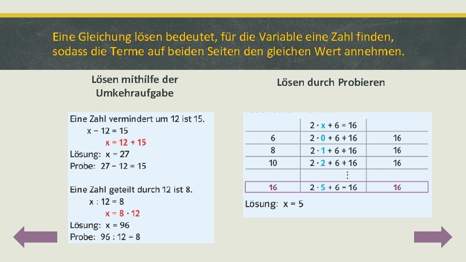 Eine Gleichung lösen bedeutet, für die Variable eine Zahl finden, sodass die Terme auf