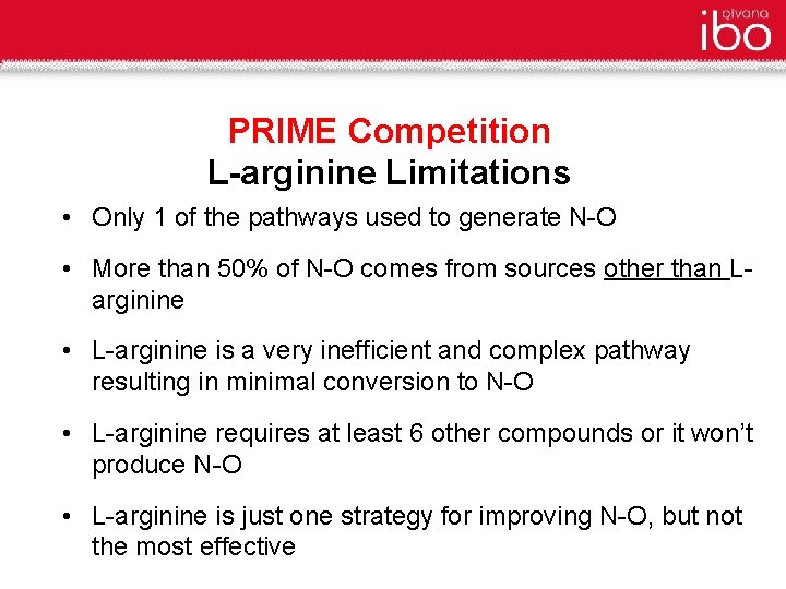 PRIME Competition L-arginine Limitations • Only 1 of the pathways used to generate N-O