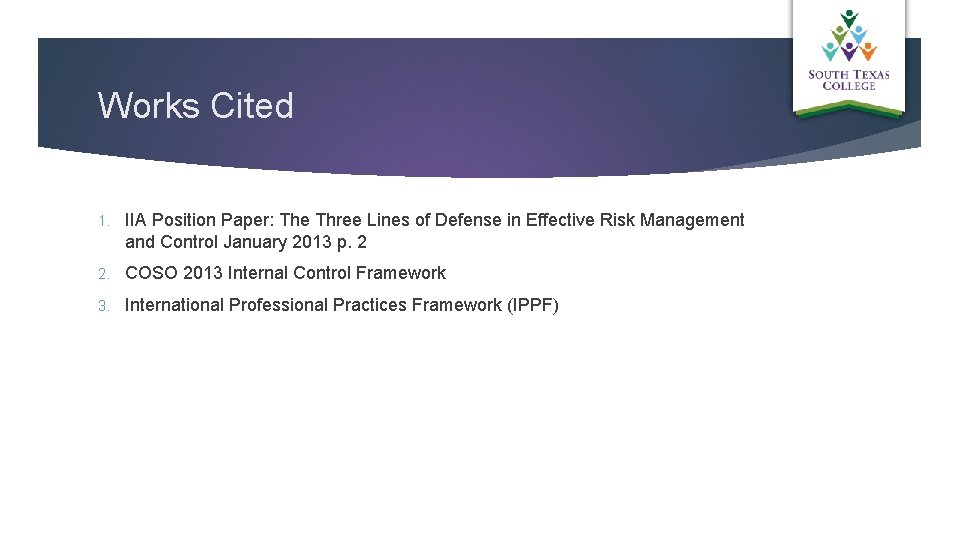 Works Cited 1. IIA Position Paper: The Three Lines of Defense in Effective Risk