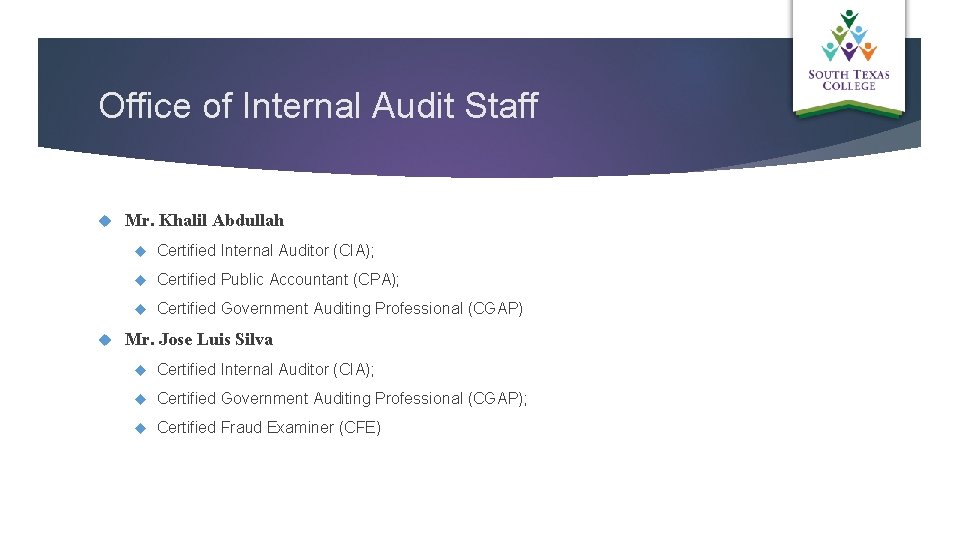 Office of Internal Audit Staff Mr. Khalil Abdullah Certified Internal Auditor (CIA); Certified Public