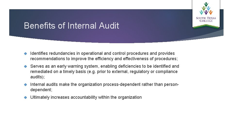 Benefits of Internal Audit Identifies redundancies in operational and control procedures and provides recommendations