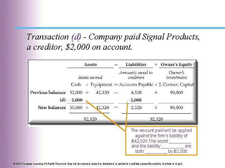 Transaction (d) - Company paid Signal Products, a creditor, $2, 000 on account. The