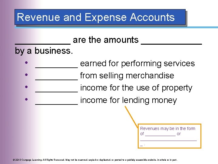 Revenue and Expense Accounts ______ are the amounts ______ by a business. • •