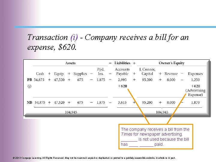 Transaction (i) - Company receives a bill for an expense, $620. The company receives