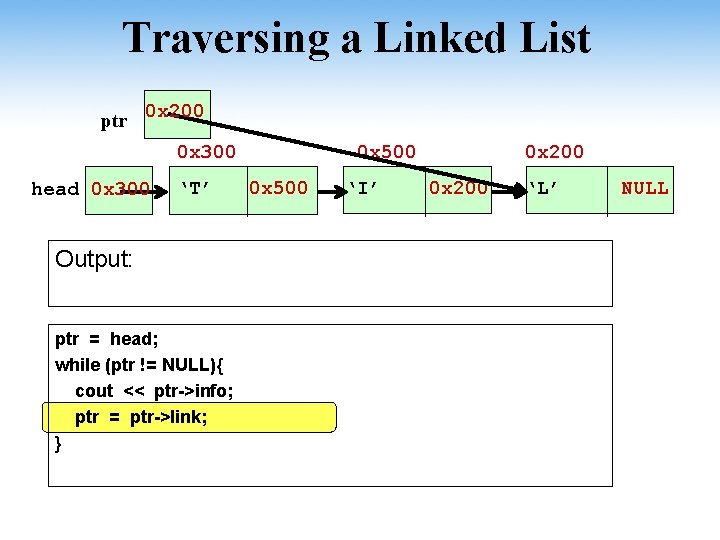 Traversing a Linked List ptr 0 x 200 0 x 300 head 0 x