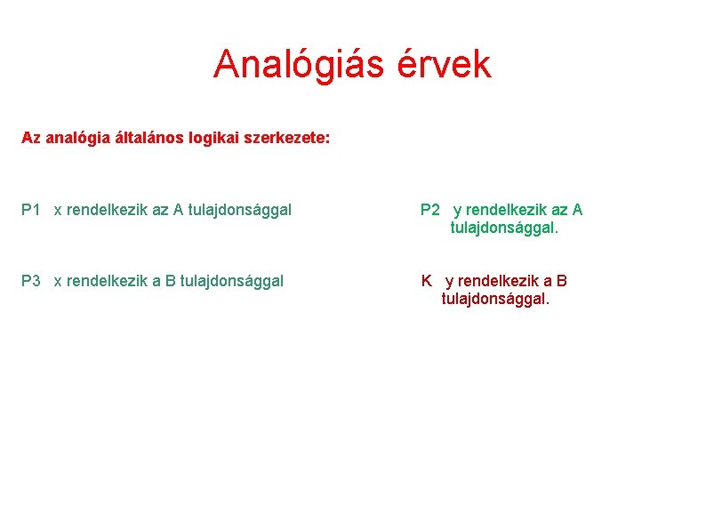 Analógiás érvek Az analógia általános logikai szerkezete: P 1 x rendelkezik az A tulajdonsággal.