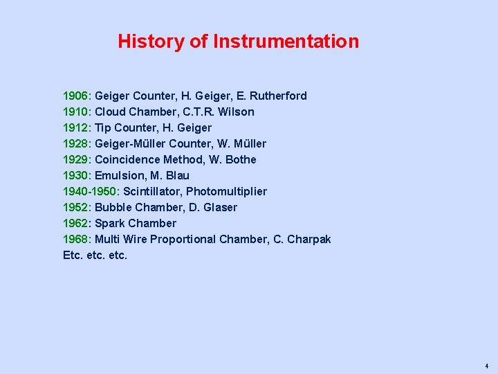 History of Instrumentation 1906: Geiger Counter, H. Geiger, E. Rutherford 1910: Cloud Chamber, C.