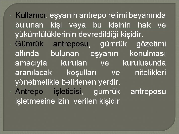  Kullanıcı, eşyanın antrepo rejimi beyanında bulunan kişi veya bu kişinin hak ve yükümlülüklerinin