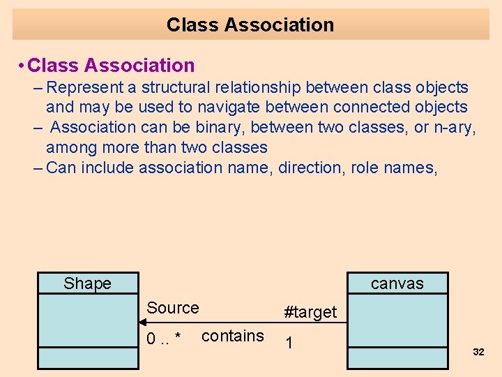 Class Association • Class Association – Represent a structural relationship between class objects and