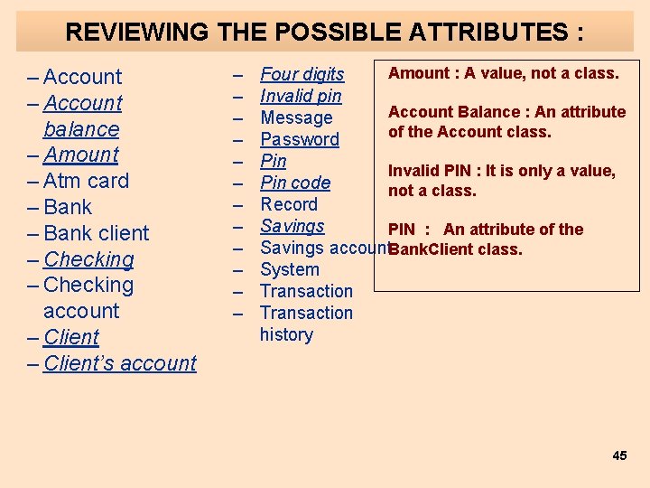 REVIEWING THE POSSIBLE ATTRIBUTES : – Account balance – Amount – Atm card –