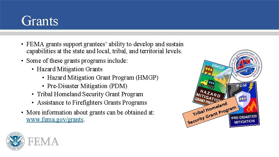 Grants • FEMA grants support grantees’ ability to develop and sustain capabilities at the