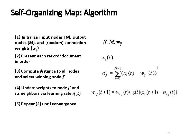 Self-Organizing Map: Algorithm (1) Initialize input nodes (N), output nodes (M), and (random) connection Self-Organizing Map: Algorithm (1) Initialize input nodes (N), output nodes (M), and (random) connection