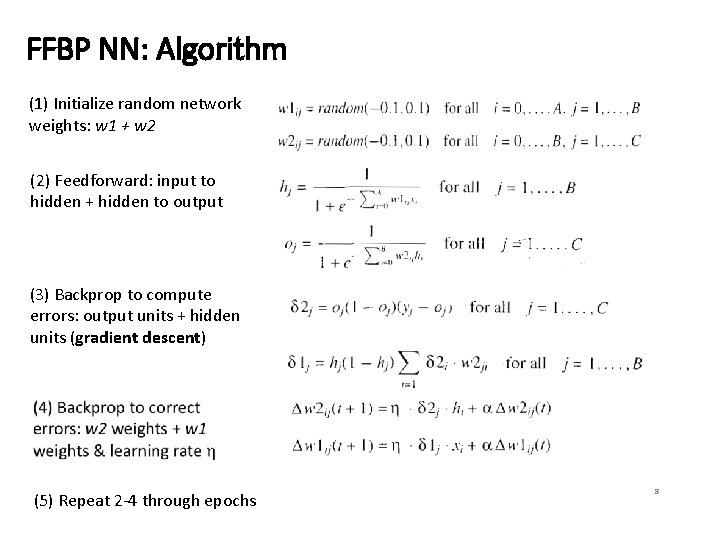 FFBP NN: Algorithm (1) Initialize random network weights: w 1 + w 2 (2) FFBP NN: Algorithm (1) Initialize random network weights: w 1 + w 2 (2)