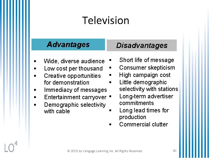 Television Advantages § § § Wide, diverse audience Low cost per thousand Creative opportunities