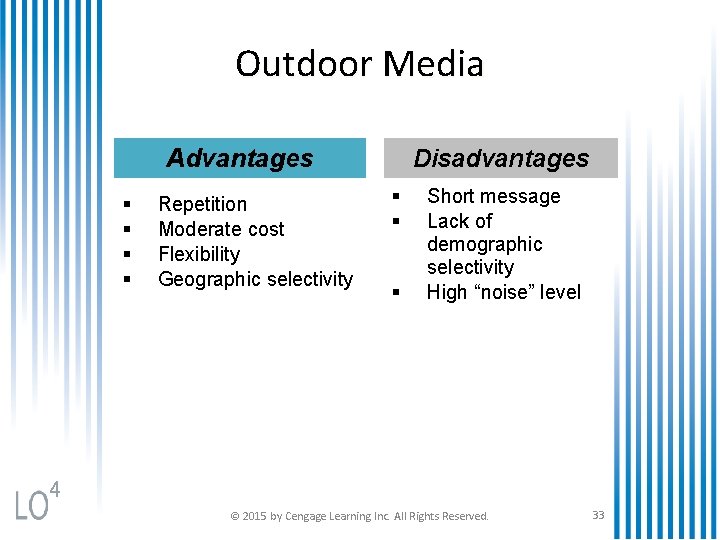 Outdoor Media Advantages § § Repetition Moderate cost Flexibility Geographic selectivity Disadvantages § §