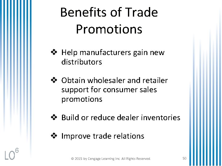 Benefits of Trade Promotions v Help manufacturers gain new distributors v Obtain wholesaler and