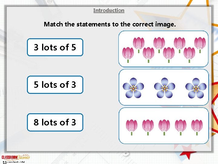 Introduction Match the statements to the correct image. 3 lots of 5 5 lots