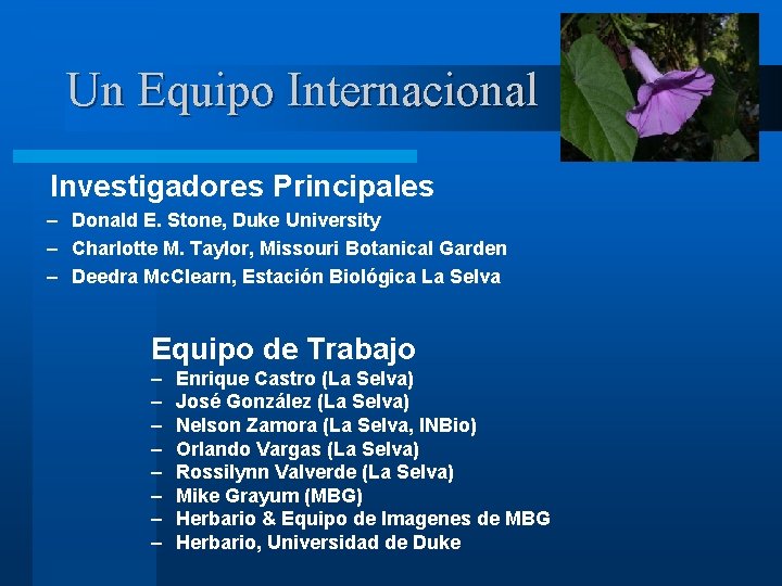 Un Equipo Internacional Investigadores Principales – Donald E. Stone, Duke University – Charlotte M.