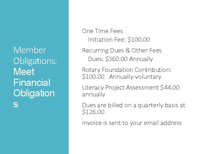 Member Obligations: Meet Financial Obligation s One Time Fees Initiation Fee: $100. 00 Recurring