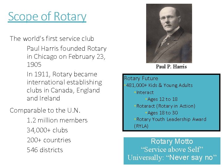 Scope of Rotary The world’s first service club Paul Harris founded Rotary in Chicago