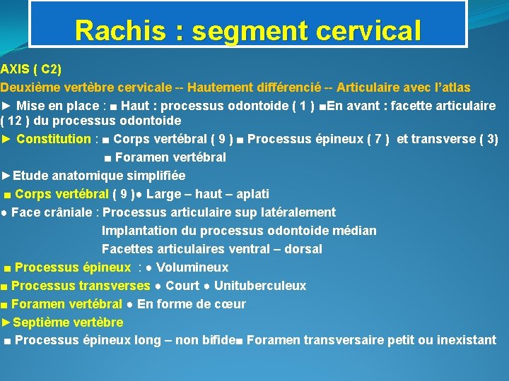 Rachis : segment cervical AXIS ( C 2) Deuxième vertèbre cervicale -- Hautement différencié