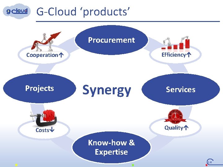 G-Cloud ‘products’ Procurement Efficiencyá Cooperationá Projects Synergy Services Qualityá Costsâ Know-how & Expertise 16