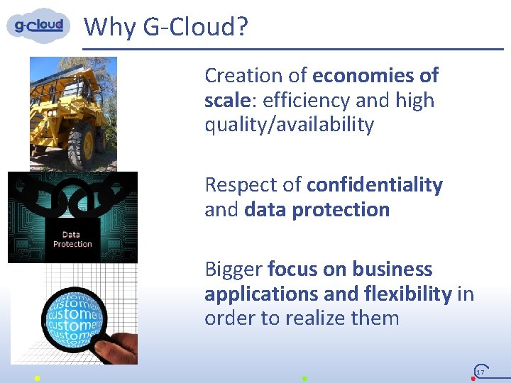 Why G-Cloud? Creation of economies of scale: efficiency and high quality/availability Respect of confidentiality