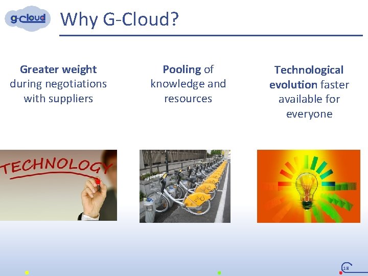 Why G-Cloud? Greater weight during negotiations with suppliers Pooling of knowledge and resources Technological