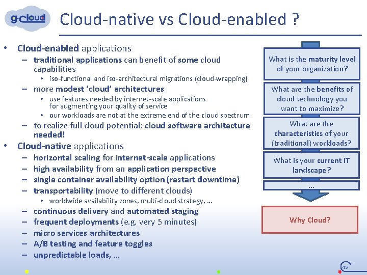 Cloud-native vs Cloud-enabled ? • Cloud-enabled applications – traditional applications can benefit of some