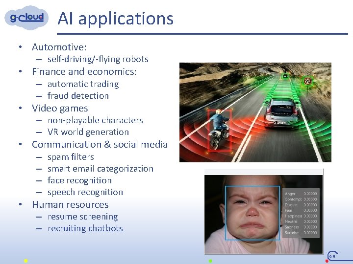 AI applications • Automotive: – self-driving/-flying robots • Finance and economics: – automatic trading