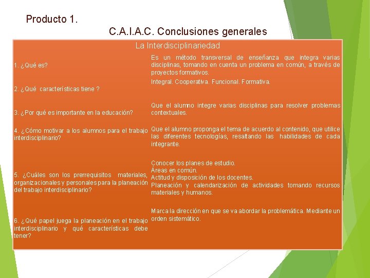 Producto 1. C. A. I. A. C. Conclusiones generales La Interdisciplinariedad 1. ¿Qué es?