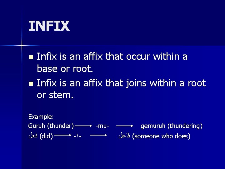 INFIX Infix is an affix that occur within a base or root. n Infix