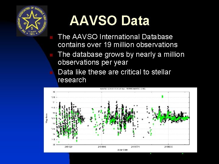 AAVSO Data n n n The AAVSO International Database contains over 19 million observations