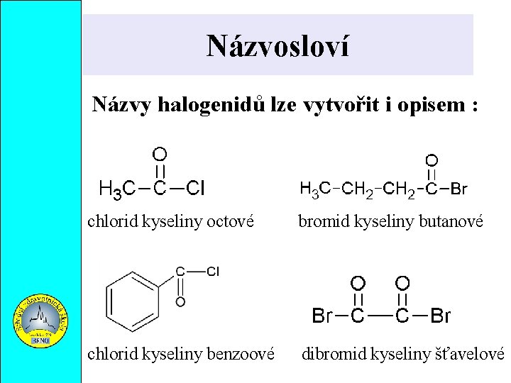 Názvosloví Názvy halogenidů lze vytvořit i opisem : chlorid kyseliny octové bromid kyseliny butanové