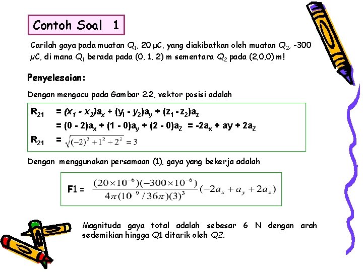 Contoh Soal 1 Carilah gaya pada muatan Q 1, 20 μC, yang diakibatkan oleh