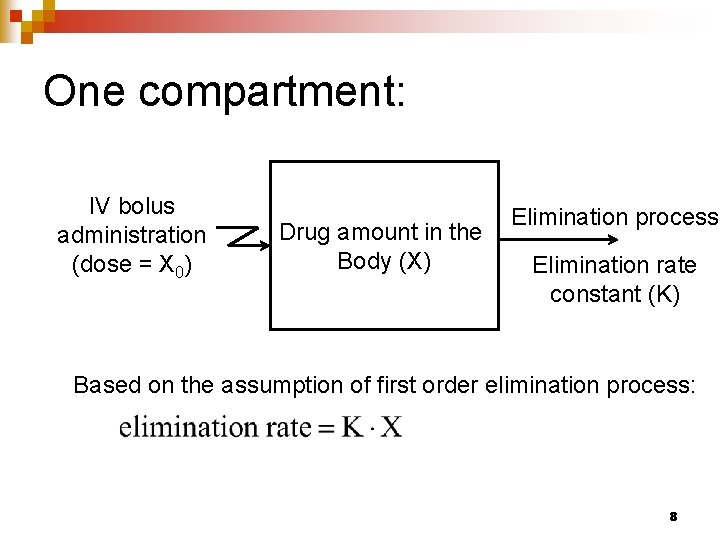 One compartment: IV bolus administration (dose = X 0) Drug amount in the Body