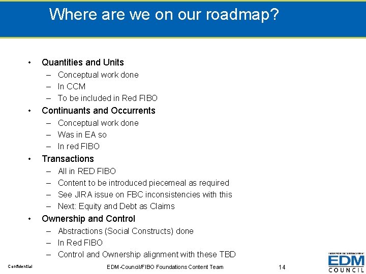 Where are we on our roadmap? • Quantities and Units – Conceptual work done