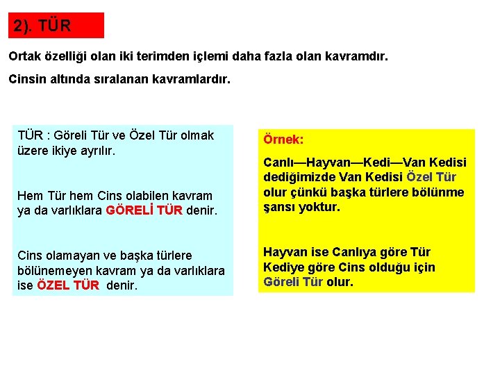 2). TÜR Ortak özelliği olan iki terimden içlemi daha fazla olan kavramdır. Cinsin altında