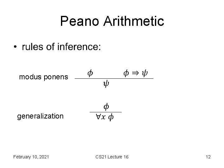 Peano Arithmetic • modus ponens generalization February 10, 2021 CS 21 Lecture 16 12