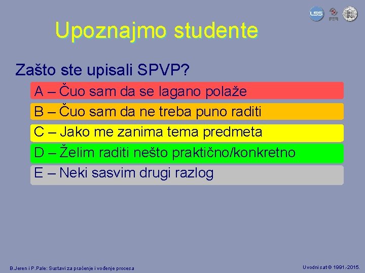 Upoznajmo studente Zašto ste upisali SPVP? A – Čuo sam da se lagano polaže